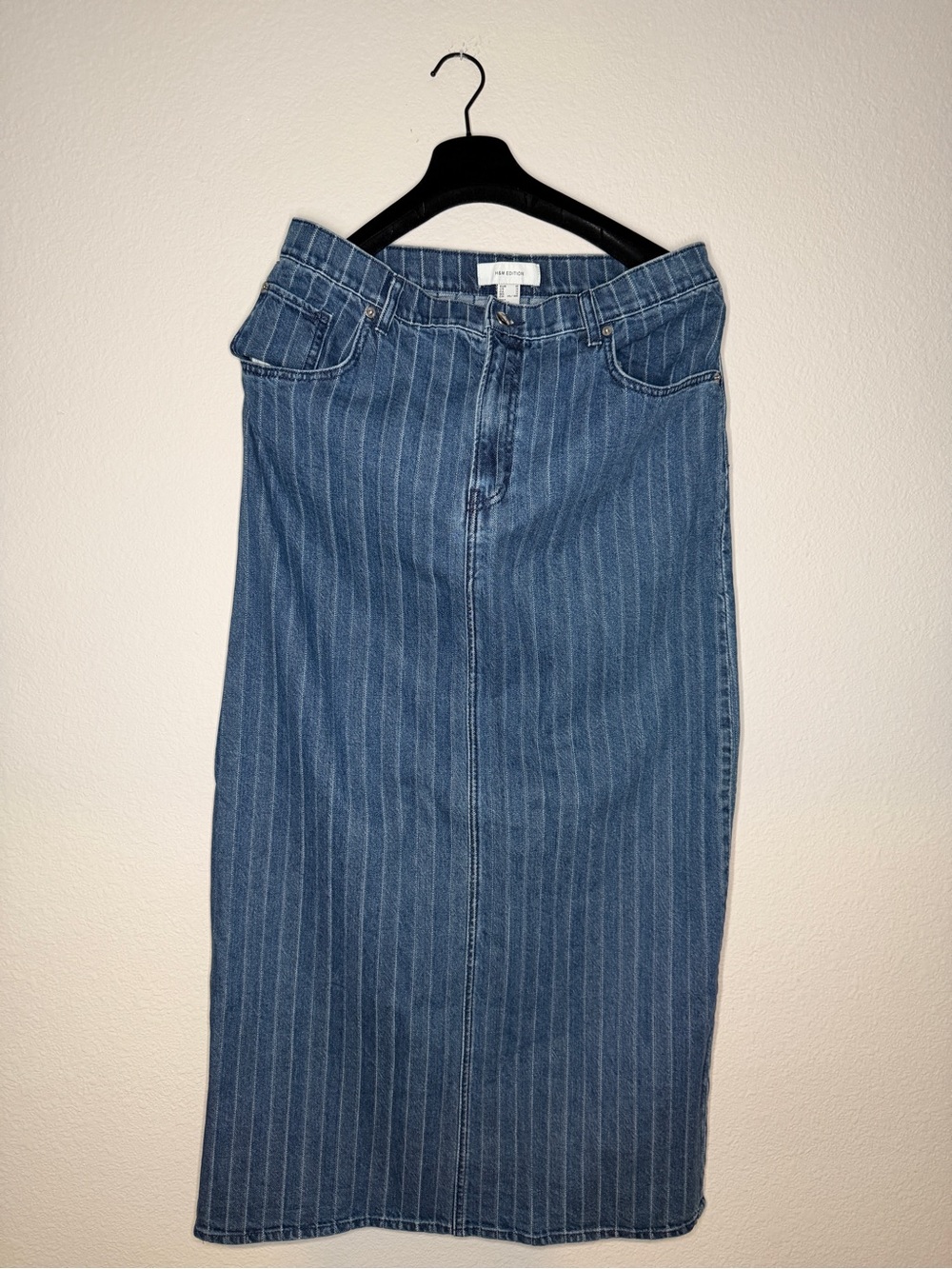 Denim Pinstripe Midi Skirt in Blue
